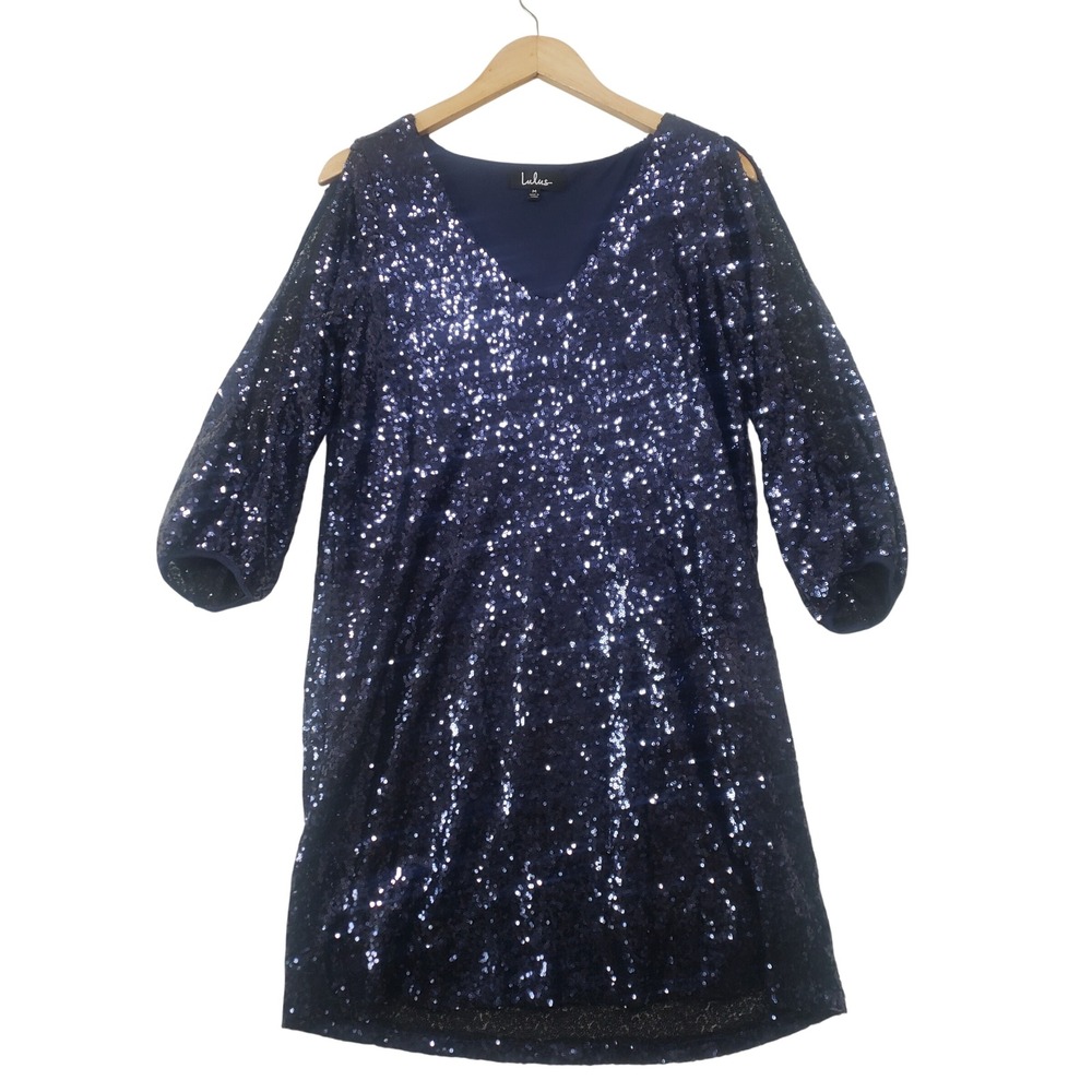 Lulus Sequin Shift Dress Medium Navy Blue Cold Shoulder V Neck Mini Party Dress
